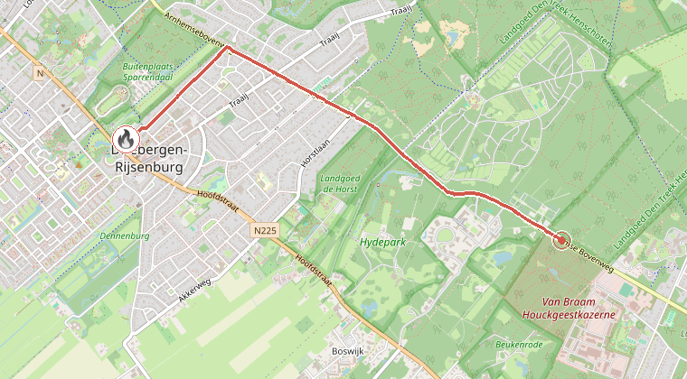 Kaart van de omgeving van de melding, met de kazerne die is gealarmeerd