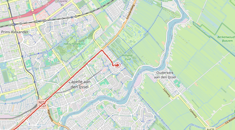 Kaart van de omgeving van de melding, met de kazerne die is gealarmeerd