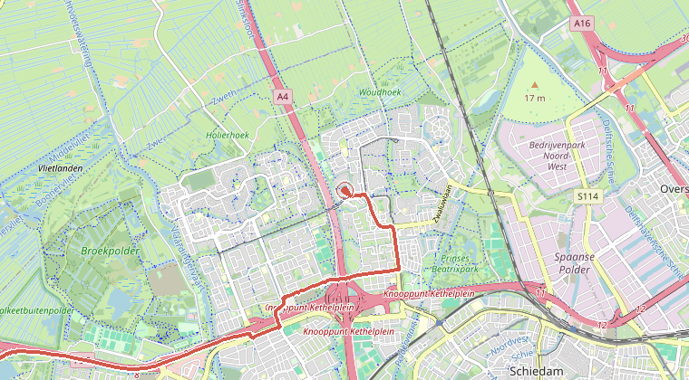 Kaart van de omgeving van de melding, met de kazerne die is gealarmeerd