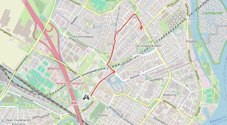 Kaart van de omgeving van de melding, met de kazerne die is gealarmeerd
