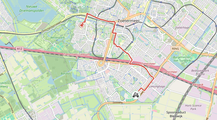 Kaart van de omgeving van de melding, met de kazerne die is gealarmeerd