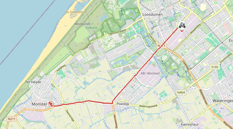 Kaart van de omgeving van de melding, met de kazerne die is gealarmeerd