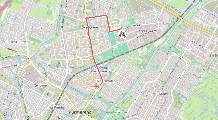 Kaart van de omgeving van de melding, met de kazerne die is gealarmeerd
