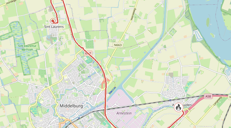 Kaart van de omgeving van de melding, met de kazerne die is gealarmeerd