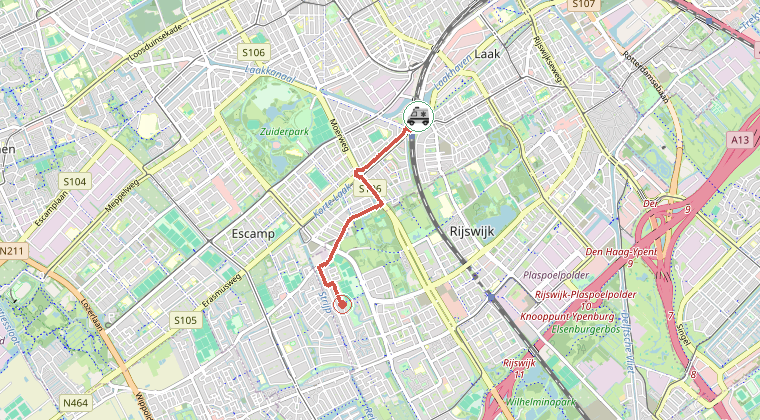 Kaart van de omgeving van de melding, met de kazerne die is gealarmeerd