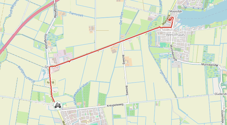 Kaart van de omgeving van de melding, met de kazerne die is gealarmeerd