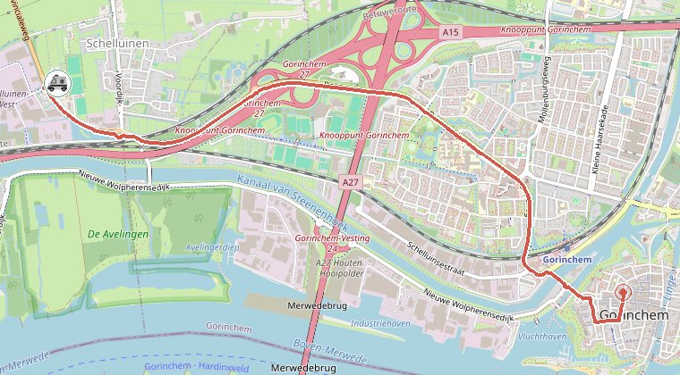 Kaart van de omgeving van de melding, met de kazerne die is gealarmeerd