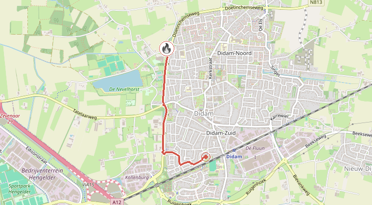 Kaart van de omgeving van de melding, met de kazerne die is gealarmeerd