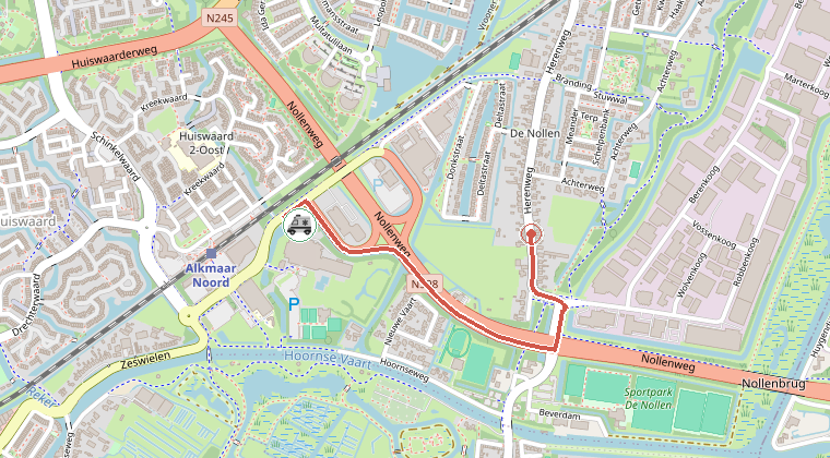 Kaart van de omgeving van de melding, met de kazerne die is gealarmeerd