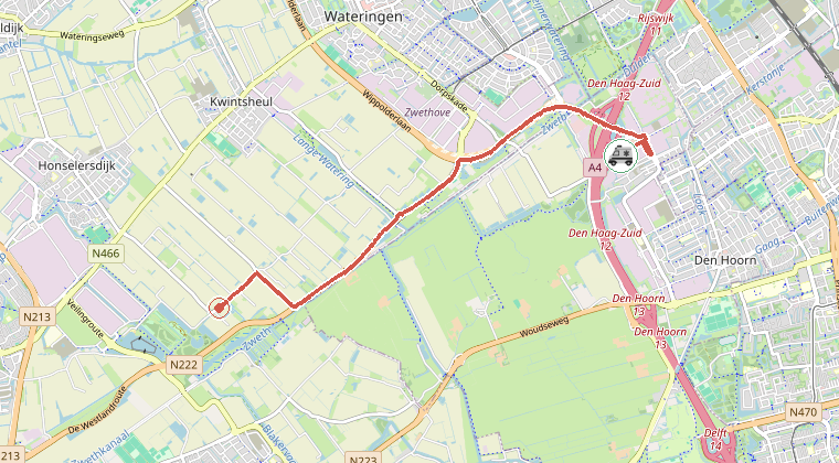 Kaart van de omgeving van de melding, met de kazerne die is gealarmeerd