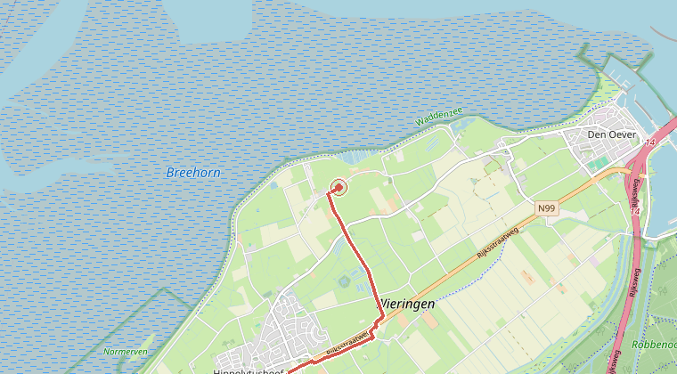 Kaart van de omgeving van de melding, met de kazerne die is gealarmeerd