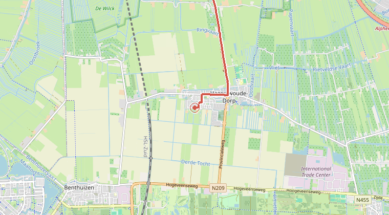 Kaart van de omgeving van de melding, met de kazerne die is gealarmeerd