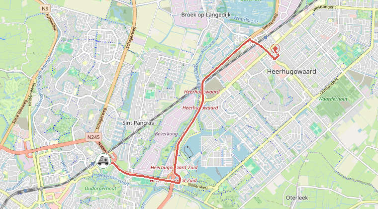 Kaart van de omgeving van de melding, met de kazerne die is gealarmeerd