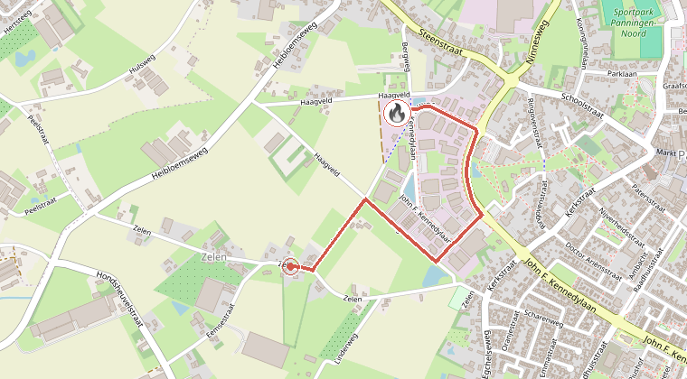 Kaart van de omgeving van de melding, met de kazerne die is gealarmeerd
