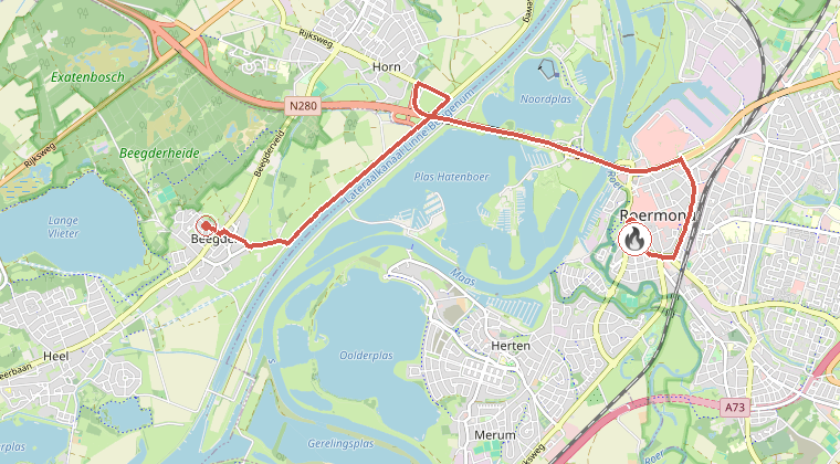 Kaart van de omgeving van de melding, met de kazerne die is gealarmeerd