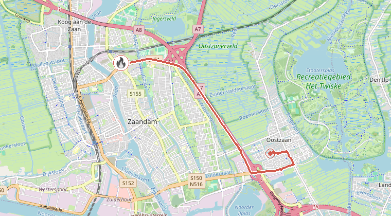 Kaart van de omgeving van de melding, met de kazerne die is gealarmeerd