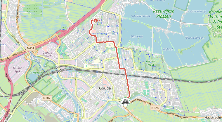 Kaart van de omgeving van de melding, met de kazerne die is gealarmeerd