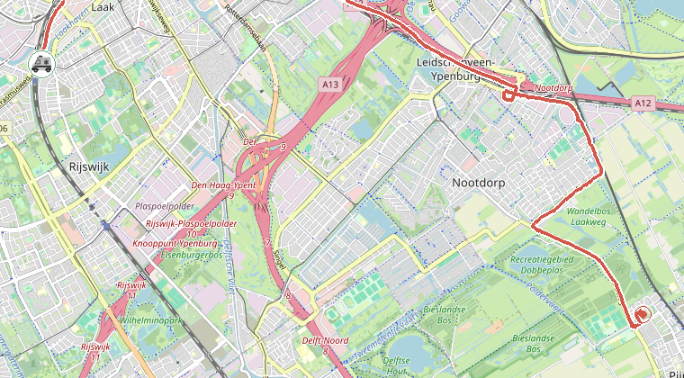 Kaart van de omgeving van de melding, met de kazerne die is gealarmeerd