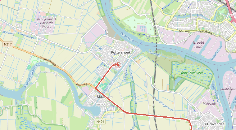 Kaart van de omgeving van de melding, met de kazerne die is gealarmeerd