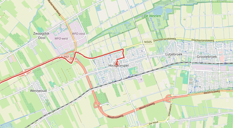 Kaart van de omgeving van de melding, met de kazerne die is gealarmeerd