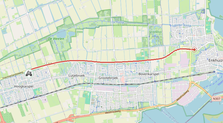 Kaart van de omgeving van de melding, met de kazerne die is gealarmeerd