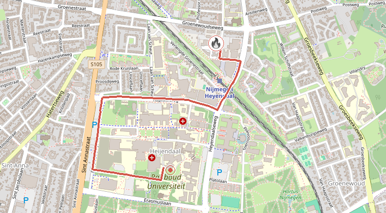 Kaart van de omgeving van de melding, met de kazerne die is gealarmeerd