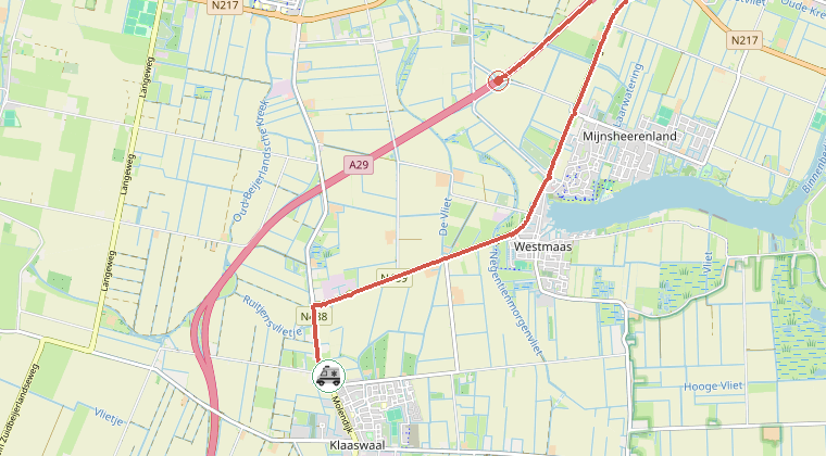 Kaart van de omgeving van de melding, met de kazerne die is gealarmeerd