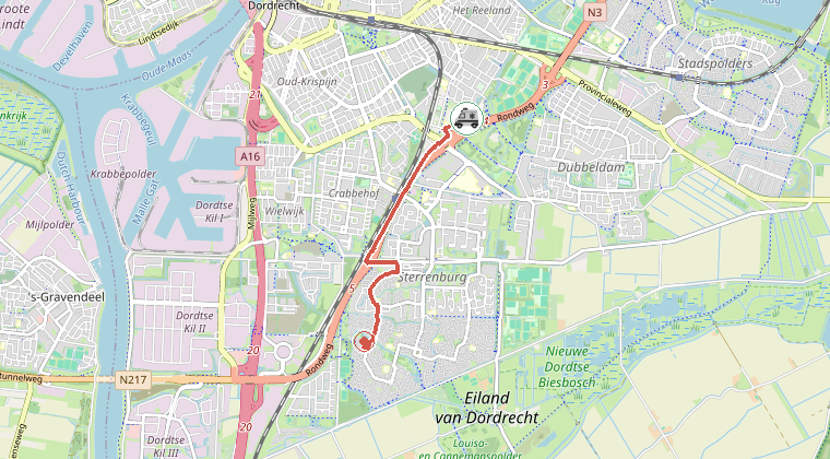 Kaart van de omgeving van de melding, met de kazerne die is gealarmeerd