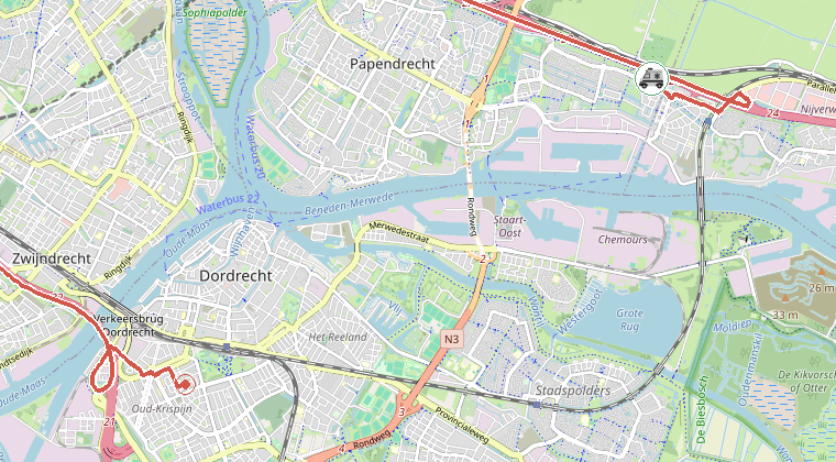Kaart van de omgeving van de melding, met de kazerne die is gealarmeerd