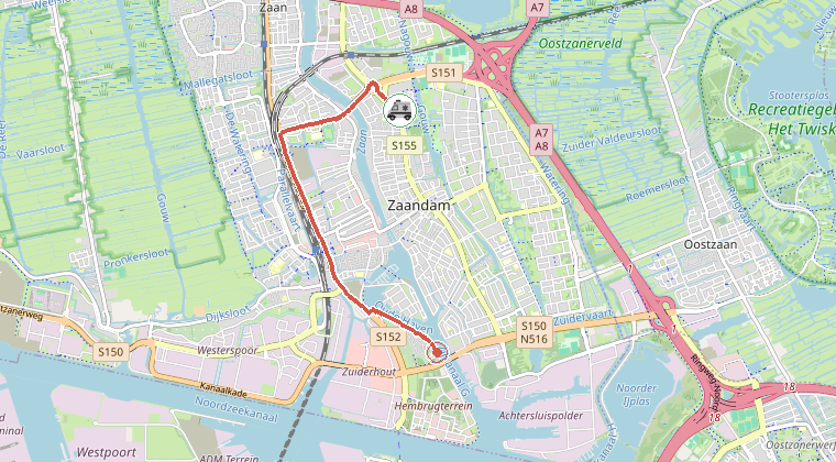 Kaart van de omgeving van de melding, met de kazerne die is gealarmeerd