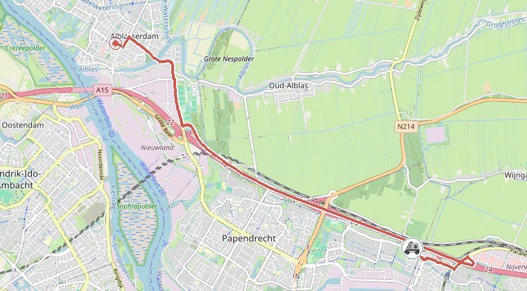 Kaart van de omgeving van de melding, met de kazerne die is gealarmeerd