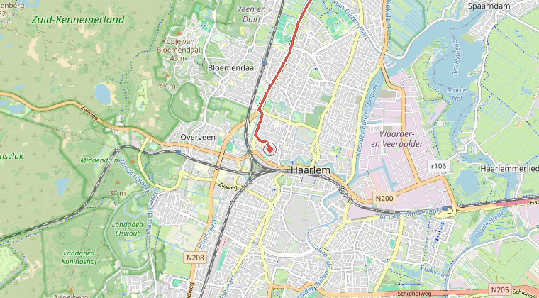 Kaart van de omgeving van de melding, met de kazerne die is gealarmeerd