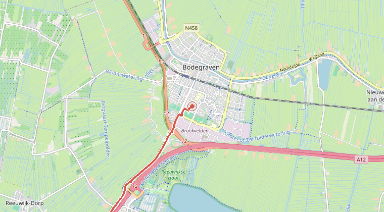 Kaart van de omgeving van de melding, met de kazerne die is gealarmeerd