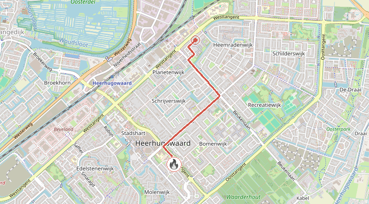 Kaart van de omgeving van de melding, met de kazerne die is gealarmeerd
