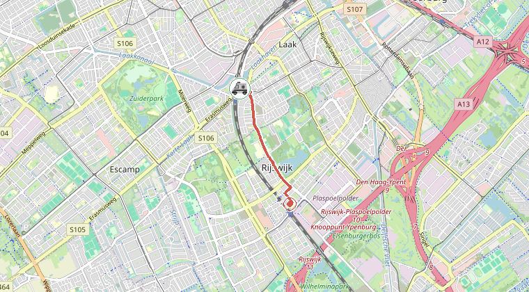 Kaart van de omgeving van de melding, met de kazerne die is gealarmeerd