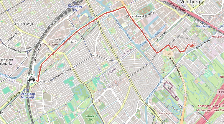 Kaart van de omgeving van de melding, met de kazerne die is gealarmeerd
