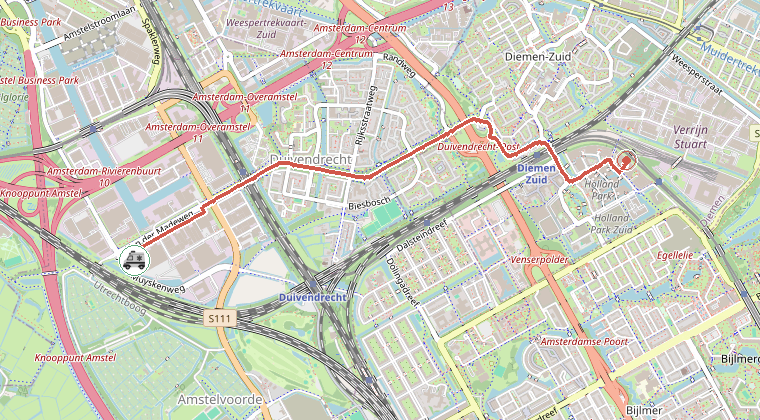 Kaart van de omgeving van de melding, met de kazerne die is gealarmeerd