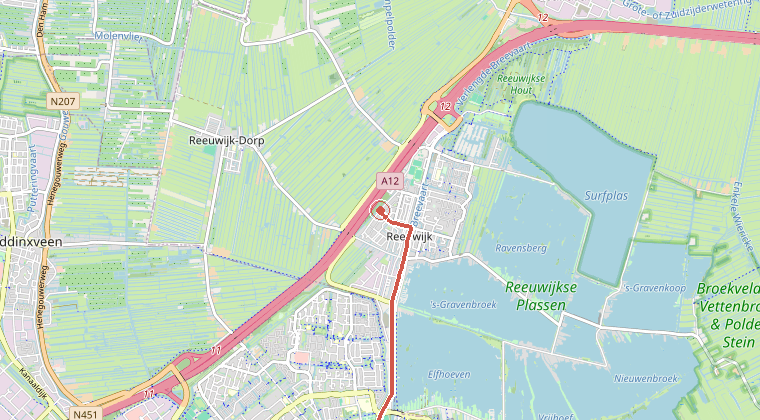 Kaart van de omgeving van de melding, met de kazerne die is gealarmeerd