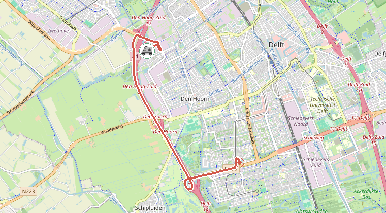 Kaart van de omgeving van de melding, met de kazerne die is gealarmeerd