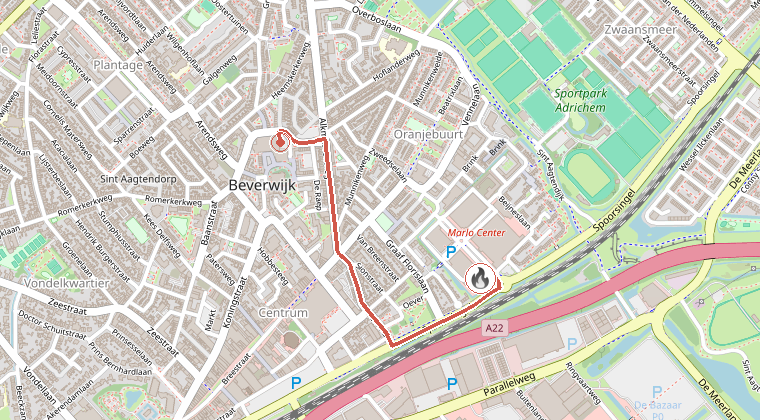 Kaart van de omgeving van de melding, met de kazerne die is gealarmeerd