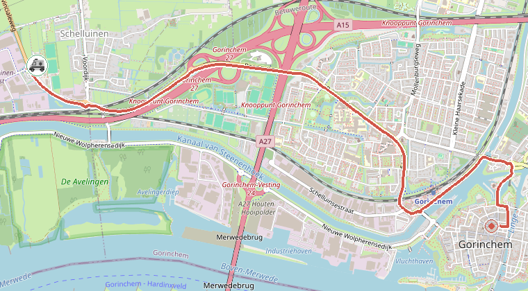 Kaart van de omgeving van de melding, met de kazerne die is gealarmeerd