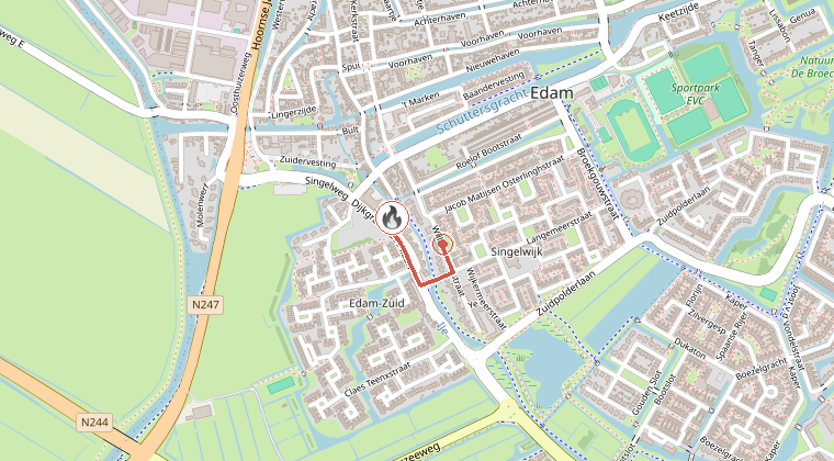 Kaart van de omgeving van de melding, met de kazerne die is gealarmeerd