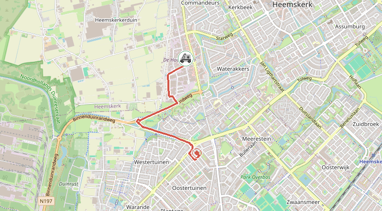 Kaart van de omgeving van de melding, met de kazerne die is gealarmeerd