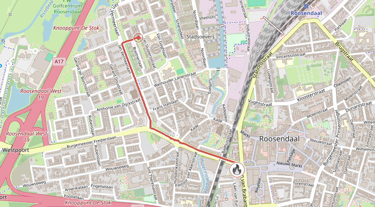 Kaart van de omgeving van de melding, met de kazerne die is gealarmeerd