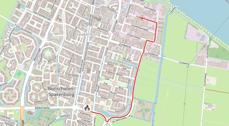 Kaart van de omgeving van de melding, met de kazerne die is gealarmeerd