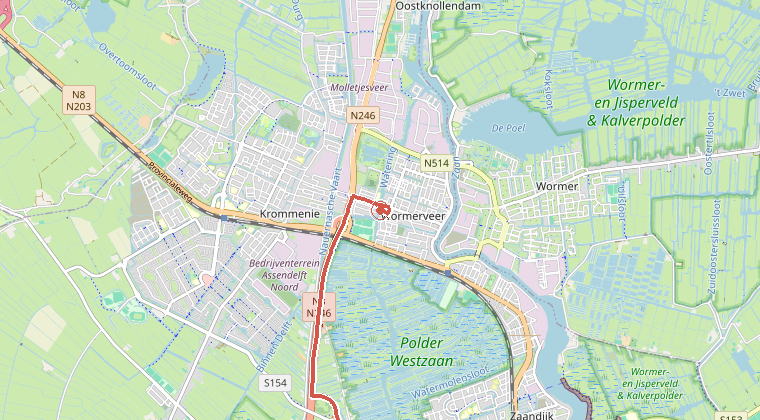 Kaart van de omgeving van de melding, met de kazerne die is gealarmeerd