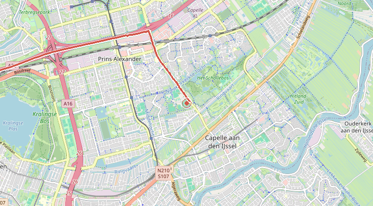 Kaart van de omgeving van de melding, met de kazerne die is gealarmeerd