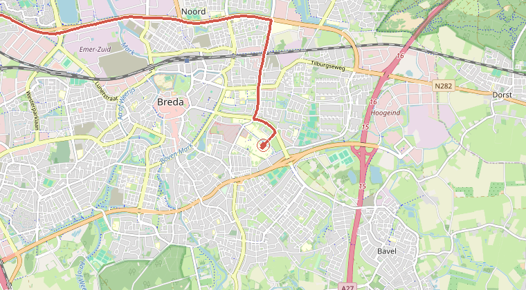 Kaart van de omgeving van de melding, met de kazerne die is gealarmeerd