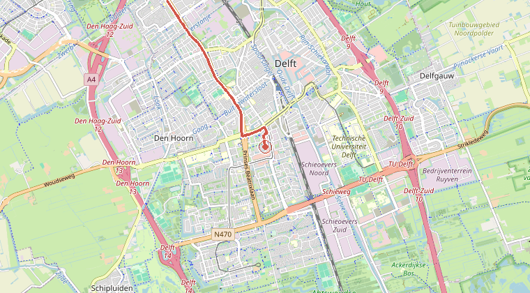 Kaart van de omgeving van de melding, met de kazerne die is gealarmeerd