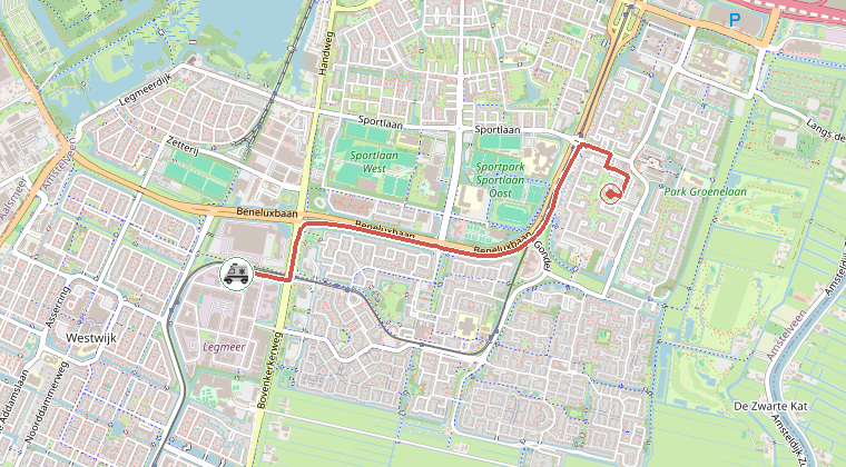 Kaart van de omgeving van de melding, met de kazerne die is gealarmeerd